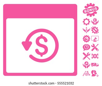 Chargeback Calendar Page pictograph with bonus tools images. Vector illustration style is flat iconic symbols, pink, white background.