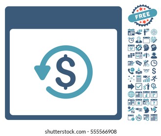 Chargeback Calendar Page pictograph with bonus calendar and time management clip art. Vector illustration style is flat iconic symbols, cyan and blue, white background.