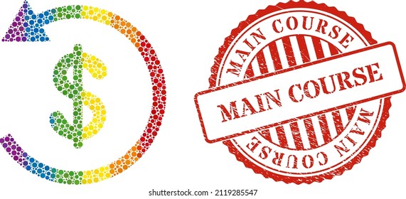 Chargeback Composition Icon Of Spheric Dots In Variable Sizes And Spectrum Colored Color Hues. Red Rounded Scratched Stamp With Main Course Text. A Dotted LGBT- Colored Chargeback For Lesbians, Gays,