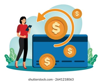 Chargeback concept. A woman uses a smartphone with the Chargeback concept involving cards and currency symbols, displaying digital financial transactions.