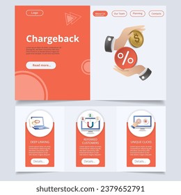 Plantilla del sitio web de la página de aterrizaje plana de cargo. Vínculos profundos, clientes que se han referido, clics únicos. Banner web con encabezado, contenido y pie de página. Ilustración vectorial.