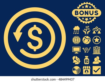 Chargeback icon with bonus images. Vector illustration style is flat iconic symbols, yellow color, blue background.