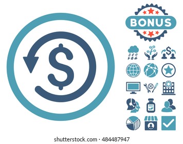 Chargeback icon with bonus pictogram. Vector illustration style is flat iconic bicolor symbols, cyan and blue colors, white background.