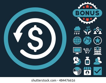 Chargeback icon with bonus pictures. Vector illustration style is flat iconic bicolor symbols, blue and white colors, dark blue background.