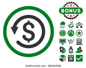 Chargeback icon with bonus pictures. Vector illustration style is flat iconic bicolor symbols, green and gray colors, white background.