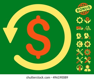 Chargeback icon with bonus tools graphic icons. Vector illustration style is flat iconic bicolor symbols, orange and yellow colors, green background.