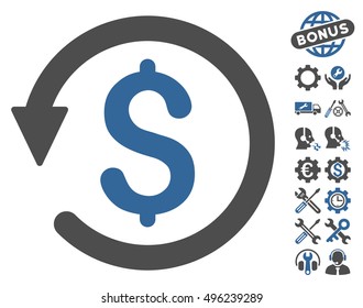 Chargeback icon with bonus tools graphic icons. Vector illustration style is flat iconic bicolor symbols, cobalt and gray colors, white background.