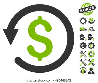 Chargeback icon with bonus tools graphic icons. Vector illustration style is flat iconic bicolor symbols, eco green and gray colors, white background.