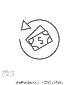 Icono de devolución de cargos. Estilo de contorno simple. Reembolso, reembolso, devolución de dinero, compra, cancelación de pago, transacción, concepto de negocio. Símbolo de línea delgada. Ilustración vectorial aislada. Trazo editable.
