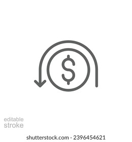 Icono de devolución de cargos. Estilo de contorno simple. Reembolso, reembolso, devolución de dinero, compra, cancelación de pago, transacción, concepto de negocio. Símbolo de línea delgada. Ilustración vectorial aislada. Trazo editable.