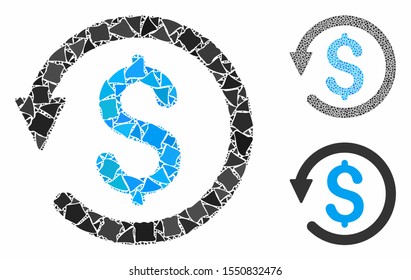 Chargeback mosaic of inequal parts in variable sizes and color hues, based on chargeback icon. Vector abrupt parts are united into composition. Chargeback icons collage with dotted pattern.
