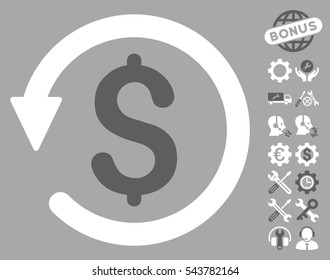 Chargeback pictograph with bonus tools design elements. Vector illustration style is flat iconic bicolor symbols, dark gray and white colors, silver background.