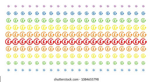 Chargeback Pound icon spectral halftone pattern. Vector symbols arranged into halftone matrix with vertical rainbow colors gradient. Constructed for backgrounds, covers,
