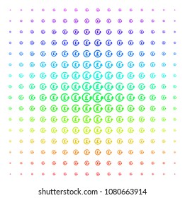 Chargeback Pound icon spectrum halftone pattern. Vector chargeback pound shapes organized into halftone grid with vertical rainbow colors gradient. Designed for backgrounds,