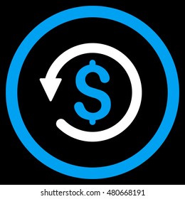 Chargeback rounded icon. Vector illustration style is flat iconic bicolor symbol, blue and white colors, black background.