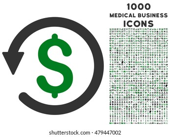 Chargeback vector bicolor icon with 1000 medical business icons. Set style is flat pictograms, green and gray colors, white background.