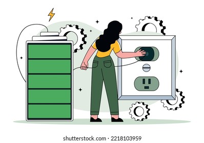 Charged battery concept. Young girl fills battery from socket. Metal of electrical energy. Poster or banner for website. Modern technologies, gadgets and devices. Cartoon flat vector illustration