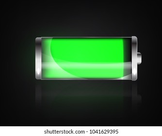 Charged battery. Full charge battery. Battery charging status indicator. Glass realistic power green battery illustration on black background. Full charge total discharge. Charge status. Vector.