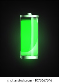 Charged battery. Full charge battery. Battery charging status indicator. Glass realistic power green battery illustration on black background. Full charge total discharge. Charge status. Vector.
