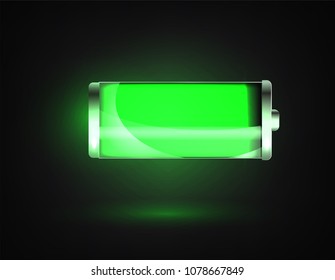 Charged battery. Full charge battery. Battery charging status indicator. Glass realistic power green battery illustration on black background. Full charge total discharge. Charge status. Vector.