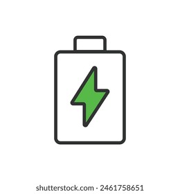  Charged battery, in line design, green. Charged, Battery, Full, Power, Energy, Complete, Green on white background vector. Charged battery, editable stroke icon.