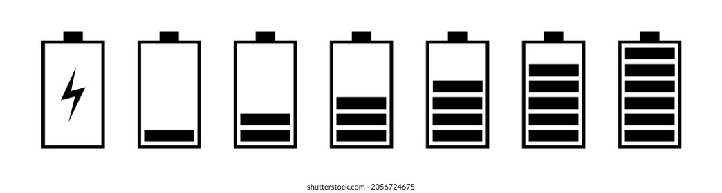 Dispositivo cargado y descargado. Icono de la batería del vector. Conjunto de signos aislados sobre fondo blanco.
