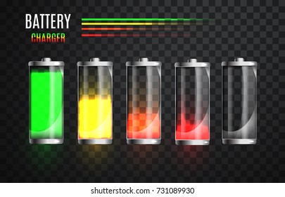 Charged and  Discharged fully  battery. Battery charge status.  Charging process. Glass realistic power battery illustration on transparent background. Charge status. Vector. 
