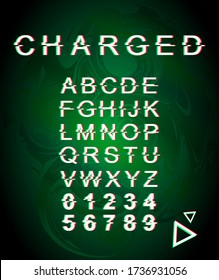 Charged glitch font template. Retro futuristic style vector alphabet set on green marbling background. Capital letters, numbers and symbols. Energetic typeface design with distortion effect