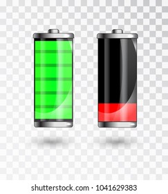 Charged and low battery. Full charge battery. Battery charging status indicator. Glass realistic power green battery illustration on black background. Charge status. Vector