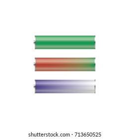 Charged , low  and empty colorful battery.