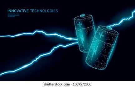 Charged polygonal alkaline battery. Energy power work. Dangerous threat situation. Lightning thunder low poly polygon particle space dark sky industry technology concept vector illustration