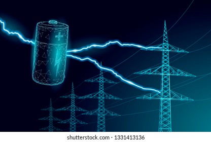 Charged polygonal alkaline battery power line. High voltage electrical tower pylon. Lightning thunder low poly polygon particle space dark sky industry technology concept vector illustration