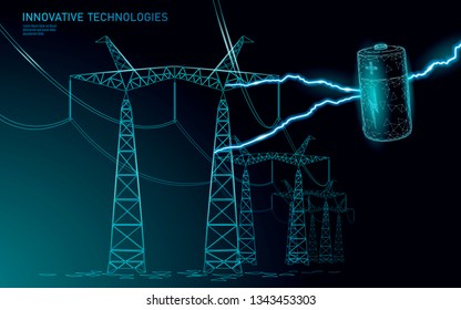 Charged polygonal alkaline battery power line. High voltage electrical tower pylon. Lightning thunder low poly polygon particle space dark sky industry technology concept vector illustration