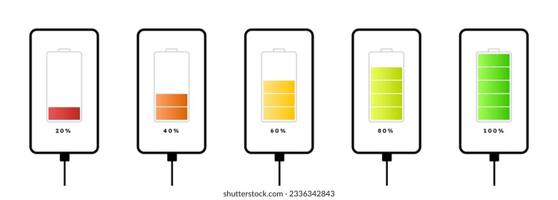 Smartphone mit Batterieanzeiger aufgeladen. Geräte und Geräte mit Energiemessern. Elektronische Industrie und Innovationen. Realistische flache Vektorgrafik einzeln auf weißem Hintergrund