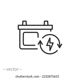 charger car battery icon, li-ion or alkaline accumulator, thin line symbol on white background - editable stroke vector illustration