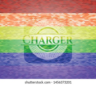 Charger emblem on mosaic background with the colors of the LGBT flag