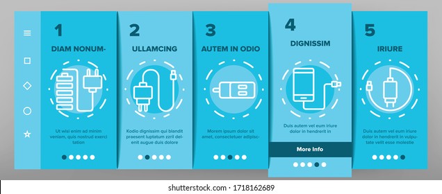 Charger Energy Device Onboarding Icons Set Vector. Wireless And Cable Electrical Charger, Car And Usb Charging Cord, Smartphone Battery Tool Illustrations
