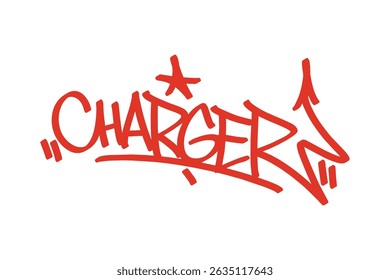 Charger graffiti tag in bold red lettering on transparent background. Urban street art style, perfect for tech-inspired designs, youth culture, and modern digital lifestyle visuals.