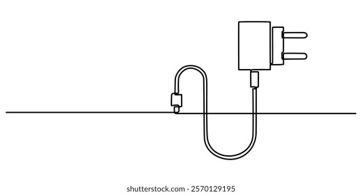 Charger icon continuous one line drawing, Hand drawn phone or digital tablet charger vector illustration, Continuous one line drawing of battery charging Lightning bolt symbol and electricity energy. 