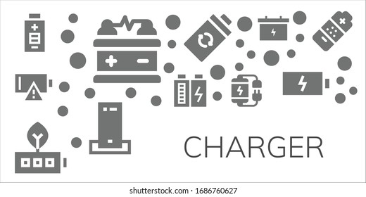 charger icon set. 11 filled charger icons.  Simple modern icons such as: Battery, Empty battery, Charger