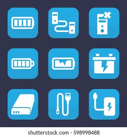 charger icon. Set of 9 filled charger icons such as battery, baterry, wire, ful battery, broken battery, cable