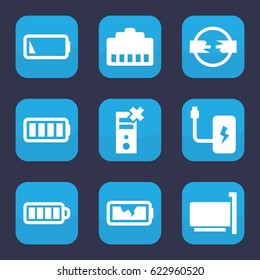 Charger icon. set of 9 filled charger icons such as baterry, ful battery, low battery, phone cable, phone connection cable, cable