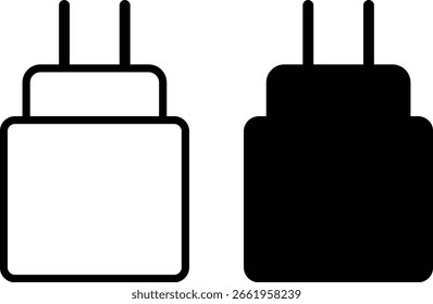 Symbolsatz für Ladegerät. Silhouette und einfache dünne Linie flaches Symbol