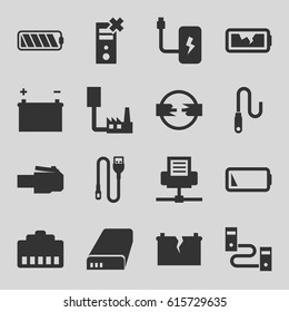 Charger icons set. set of 16 charger filled icons such as wire, battery, low battery, broken battery, phone cable, phone connection cable, cable