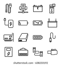 Charger icons set. set of 16 charger outline icons such as baterry, wire, battery, low battery, broken battery, phone cable, phone connection cable, cable
