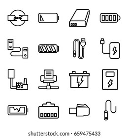 Charger icons set. set of 16 charger outline icons such as battery, baterry, wire, low battery, broken battery, phone cable, phone connection cable