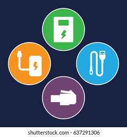 Charger icons set. set of 4 charger filled icons such as wire, battery