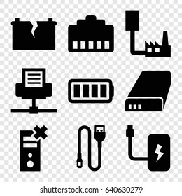 Charger icons set. set of 9 charger filled icons such as wire, battery, ful battery, broken battery, phone cable, phone connection cable
