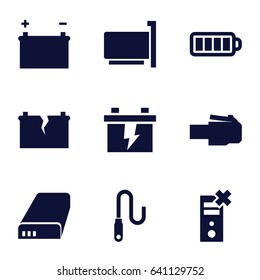 Charger icons set. set of 9 charger filled icons such as battery, baterry, wire, broken battery, phone cable, phone connection cable