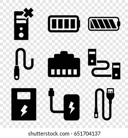 Charger icons set. set of 9 charger filled icons such as wire, ful battery, battery, phone cable, cable